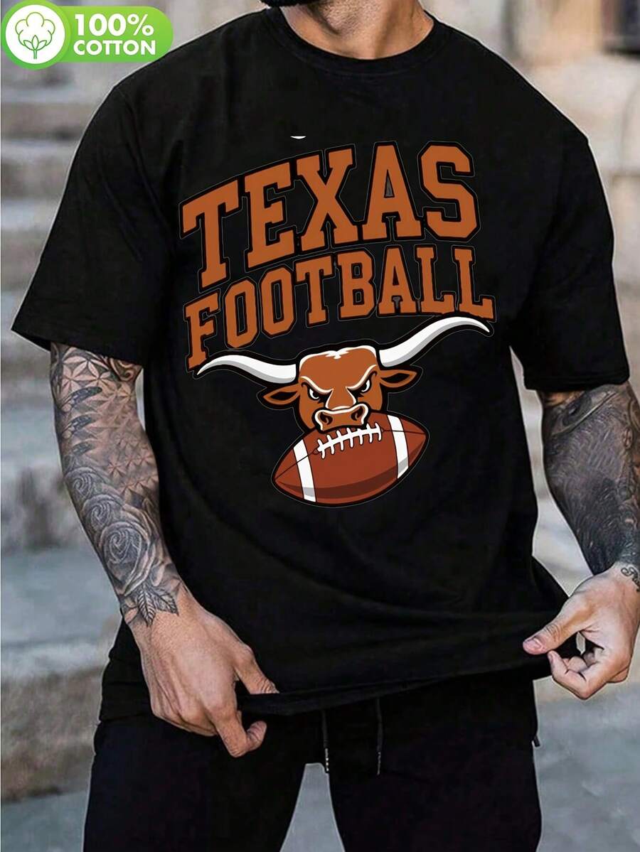 Camiseta de hombre con estampado de fútbol americano de Texas -% algodón, estilo vintage ligero de 180g, estampado naranja llamativo, corte regular, cuello redondo, mangas cortas, adecua - Negro - Ver 1