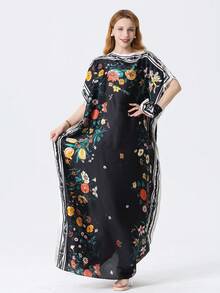 1 buah Set Jubah Pullover Motif Bunga Sutra Imitasi dengan Syal Kecil, Pakaian Luar Wanita Dekoratif untuk Penutup Pantai, Perlindungan Matahari, Tahan Angin, Pakaian Sehari-hari - MultiWarna - View 2