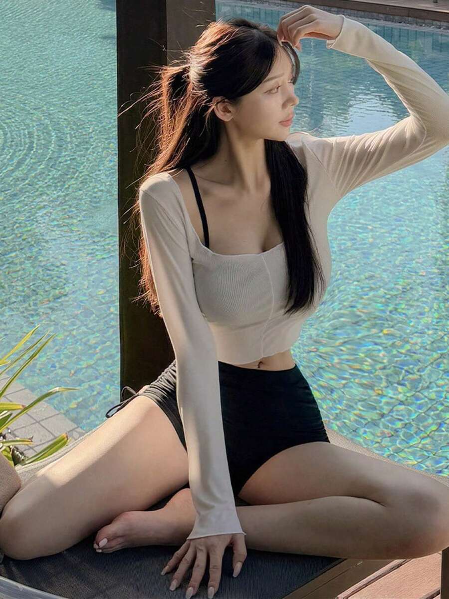 Sexy Bikini Swimsuit For Women, Cute Separates Swimsuit, Rash Guard, Water And Land Use, Modest 3-Piece Swimsuit Set, Slimming, Bust-Enhancing, Body Covering, Resort, Beach, Hot Springs, Date Swimsuit Set - 米白色 - 查看 1