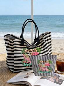 大容量條紋沙灘托特包套組，附配套化妝包，「Beach Healing」印花帆布單肩包，輕量耐用旅行托特包，多功能夏季沙灘包，可折疊，可收納毛巾、泳衣、防曬霜、雜貨與必需品，適合女性、旅行者與沙灘愛好者，適於春假、復活節、母親節、度假等場合，獨特生日禮物、節日禮物、婚禮禮物、派對禮物、返校禮物、教師禮物、開學季禮物 - 彩色 - 查看 9
