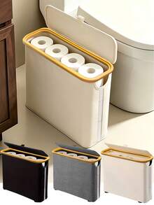 Bamboo Toilet Paper Roll Storage Basket, Toilet Paper Holder, Bathroom Storage Organizer Rack, Tissue Storage Box, Gray Fabric Appearance, Multi-Functional Storage Basket, Laundry Basket, Room Decor, Bathroom Decor, Bathroom Accessories - Multicolor - View 2