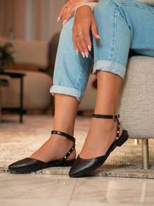 Women's Flat Shoes With Pointed Toe, Adjustable Ankle Strap, Spikes, Comfortable - Black - View 4