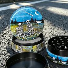 1PC, New Night Sky Skull Art Print 50MM 4-Layer Grinder, Zinc Alloy Grinder With Screen, Personalized Graffiti Portable Powder Grinding Tool - View 5