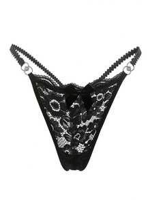 1 Floral Lace Thong | Women's Sexy Underwear And Lingerie With Contrasting Lace Details, Breathable And Comfortable With Open Tie - 黑色 - 查看 5