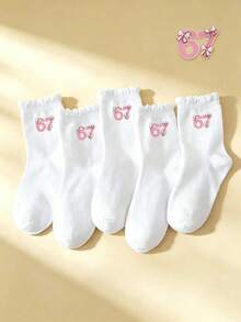 5雙春夏兒童素色蕾絲襪，簡約時尚經典個性化數字67裝飾，柔軟親膚舒適吸汗透氣運動襪，休閒百搭中筒襪，適合日常穿著/節日禮物/旅行/運動穿搭/返校季 - 彩色 - 查看 1