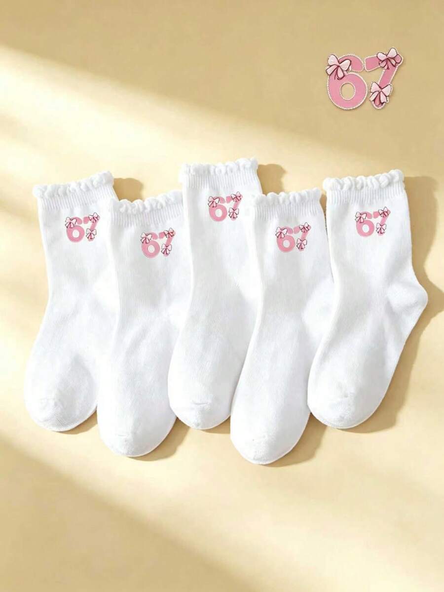 5雙春夏兒童素色蕾絲襪,簡約時尚經典個性化數字67裝飾,柔軟親膚舒適吸汗透氣運動襪,休閒百搭中筒襪,適合日常穿著/節日禮物/旅行/運動穿搭/返校季 - 彩色 - 查看 1