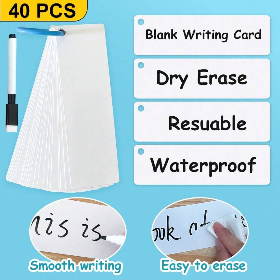 Lachilly 40 Pcs Blank Dry‑Erase Flash Cards With Ring & Marker, Rewritable White Blank Learning Cards, DIY Writable Study Cards, Homeschool Classroom Custom Word Practice Flashcards For Kids - White - View 1