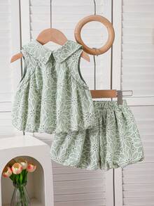 Baby Girl Summer Grass Green Floral Hollow Embroidery Sleeveless Collar Bud Set Pants - Green - View 3