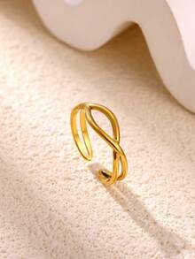 Women's Stainless Steel Gold Multi-Layer Geometric Open Ring, Vintage Waterproof Wedding Aesthetic Jewelry Gift - JZ10066 - View 1
