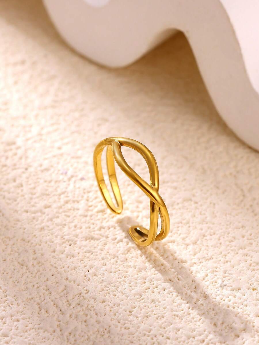 Women's Stainless Steel Gold Multi-Layer Geometric Open Ring, Vintage Waterproof Wedding Aesthetic Jewelry Gift - JZ10066 - View 1