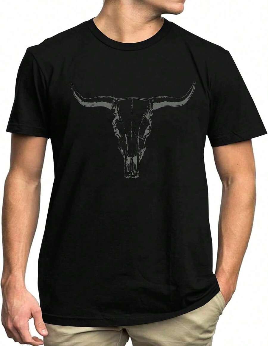 Camiseta de hombre, 100% algodón, estilo western country cowboy: camisetas con gráficos de calaveras de vaca estilo boho, camisetas para conciertos country para hombre. - Negro - Ver 1