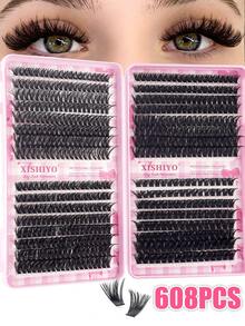 608pcs D-Curl Lightweight Cat Eye Style Slanted Fox Tail Cartoon Anime DIY Eyelash Set, Multi-Density Long-Lasting Comfortable Reusable Feather Texture Eyelash Clusters, Suitable For Daily Commute, Vacation, Holiday And Other Occasions - Multicolor - View 3