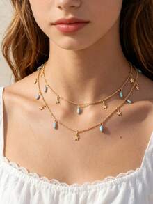 NAIZHU 1pc Daily Fashion Versatile Double Layer Stacked Star Tassel Necklace - Baby Blue - View 2