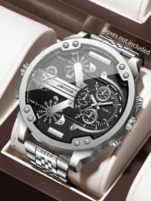 1pc Men's Multi-Time Zone Quartz Watch, All Black Large Dial Multi-Function Alloy Band Wristwatch, Street Style Cool Sports Watch, Versatile Gift, Watch Box Not Included - Silver - View 8