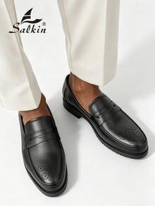 Salkin 時尚復古設計師男士樂福鞋一腳蹬便士紳士皮鞋布洛克優雅尖頭商務正裝鞋男士社交鞋素色鞋面防滑耐磨底日常休閒鞋男士開學季大學風學生鞋畢業典禮日常西裝百搭派對宴會婚禮時尚新郎鞋四季男鞋節日禮物，尺寸偏大，請選擇小一號 - 黑色 - 查看 4