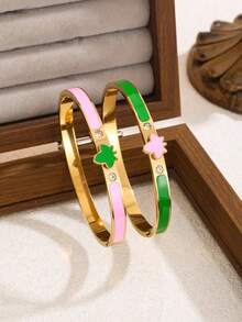18K Gold Plated Pink & Green Butterfly Zirconia Bracelet, Elegant & Fashionable Jewelry Accessory Suitable For Daily Wear And Parties - Yellow Gold - View 5