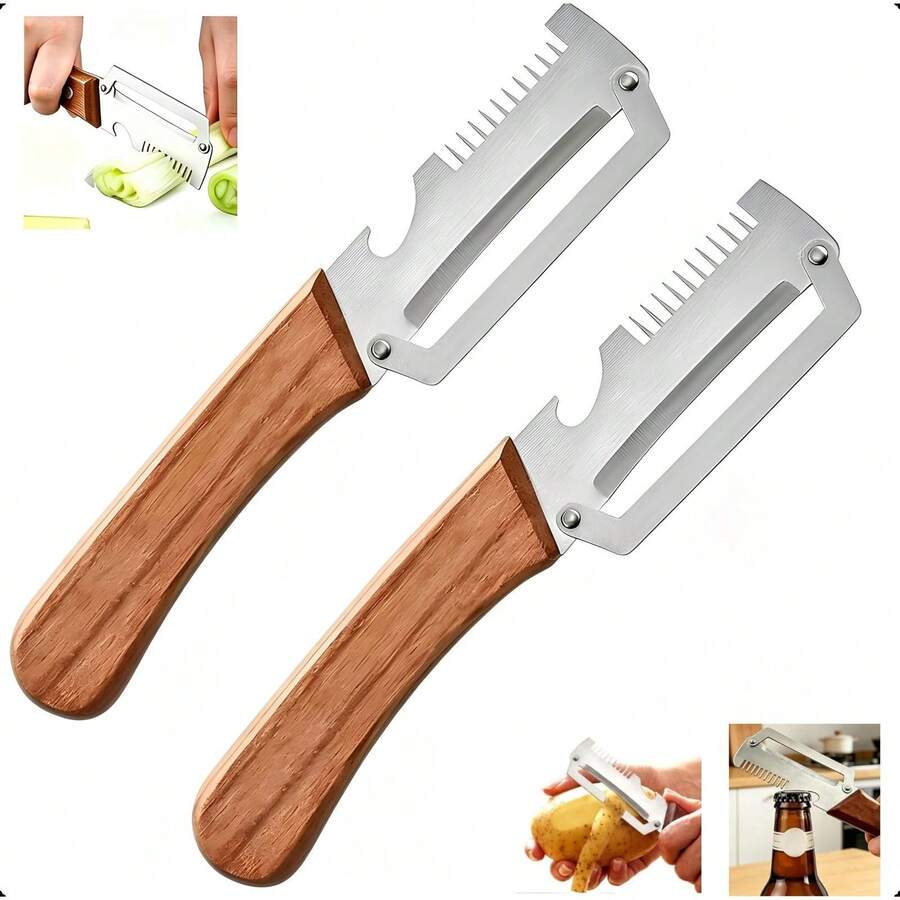 1/2pcs Multi-Function Vegetable Peeler, 3-In-1 Kitchen Peeler With Wooden Handle, Grater And Bottle Opener, Suitable For Potatoes, Carrots, Apples, Fruits And Vegetables