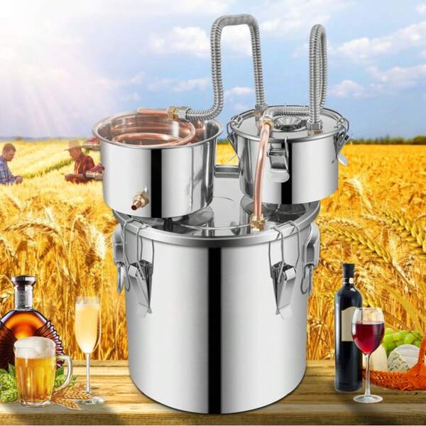 Destilador Vino 21L Alcohol Aceite Agua Termómetro Acero Inoxidable CASA
