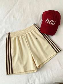 Pantalones cortos sueltos de verano con cintura elástica y ribete de contraste de unicolor - Amarillo claro - Ver 6