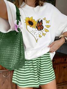 Boho Sunflower Butterfly Heart Outline Graphic T-Shirt, 100% Cotton Oversized Soft Breathable Sunny Tee, Casual Crewneck Short Sleeve Top For Summer & Nature Lovers - 白色 - 查看 10
