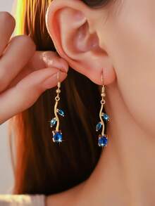 1 Pair (2pcs) Elegant Leaf & Rose Flower Colorful Shiny Zirconia Leaf Earrings, Golden Eternal Love Energy Jewelry, Suitable For Women's Daily, Date, Wedding Bridesmaid Wear, Great Gift For Bride, Valentine's Day, Mother's Day - Gold - View 9