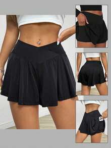 Women's Plus Size Solid Color Knit Shorts, Asymmetrical Design, Short Length, Comfortable Fit, Black, Summer Sports - Black - View 1
