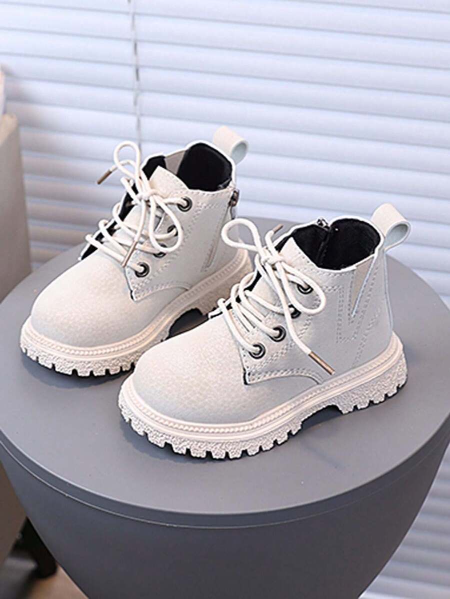 A Pair Of Soft-Soled, Non-Slip, Flat, Round-Toe Ankle Boots For Little Girls And Little Boys, Perfect For Autumn And Winter. - White - View 1