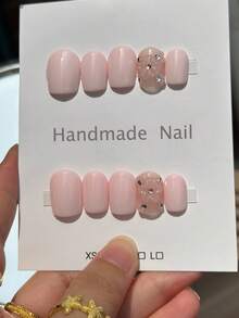 10片裝Y2K風格粉色花朵與金色珠飾穿戴式美甲貼,淺粉色方形手工美甲藝術,3D粉色花朵與金色珠飾裝飾,可愛且有質感,適合日常、派對與晚裝,送給女性的最佳禮物 - 彩色 - 查看 3