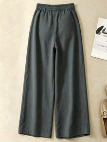 Celana Linen Wanita dengan Pinggang Elastis, Celana Kasual dengan Detail Kancing Jahitan Tangan yang Bernapas, Cocok untuk Musim Semi, Musim Panas, dan Musim Gugur - Dark Grey - View 4
