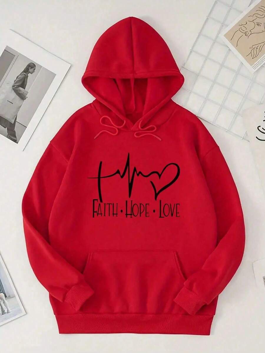 Sudadera Térmica Con Capucha Con Bolsillo Canguro Con Dibujo De Corazón Y Letra - Rojo - Ver 1