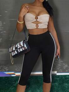 Retro American Contrast Color Trim Design Tight Fit Shaping Leggings, Yoga Pants Black Summer - Black - View 3