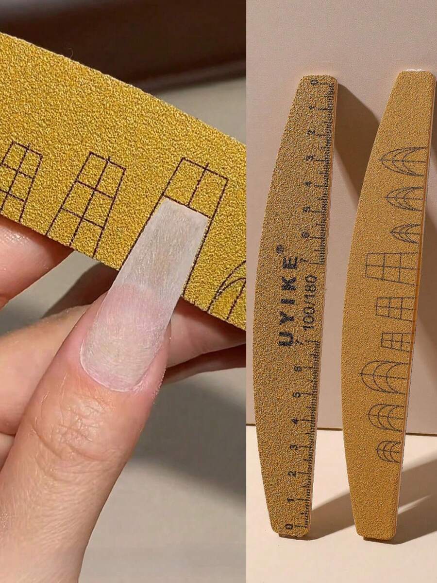 2pcs 100/180 Grit Nail File Polishing Block Professional Double-Sided Sandpaper Grinding Board Suitable For Acrylic And Natural Nails Washable Wear-Resistant Double-Sided With Ruler Nail Shape Template Manicure Tools Nail Care Products - Khaki - View 1