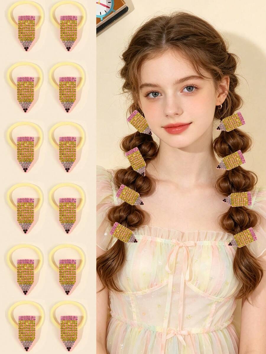 12pcs Rhinestone Pencil Hair Ties, Elastic Ponytail Hair Bands, Back To School First Day Classroom Gift Hair Accessories For Girls, School Supplies For Girls - Multicolor - View 1