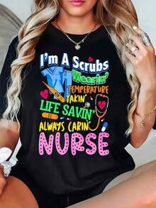 Crewneck Diseño Gráfico Cotton T Camiseta For Women Black White Options, I'm A Scrubs Wearin' Temperature Takin' Life Savin' Always Carin' Nurse Casual Wear, Spring Tamaño Grande Mangas... - Negro - Ver 2