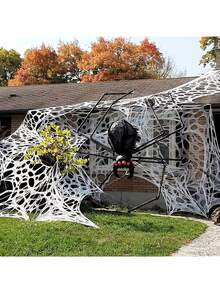 Giant Spider Web Outdoor Decor, Horror Spider Web Decoration, White Hollow Mesh Asymmetrical Hole Shape + Can Be Paired With Realistic Spiders (Spiders Not Included) / Ground Pegs For Fixing + Used For Outdoor Lawn And Porch Scene Arrangement - Multicolor - View 3