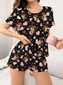 2 Pieces Custom Face Photo Heart Print Women's Pajama Set - Casual Loungewear Home Wear Valentine's Day Romantic Gift - Black - View 3