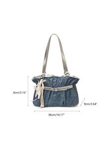 New Fashion Casual Solid Color Denim Fabric Tote Bag Star Pattern Pleated Fabric Women's Shoulder Bag - Blue - View 11