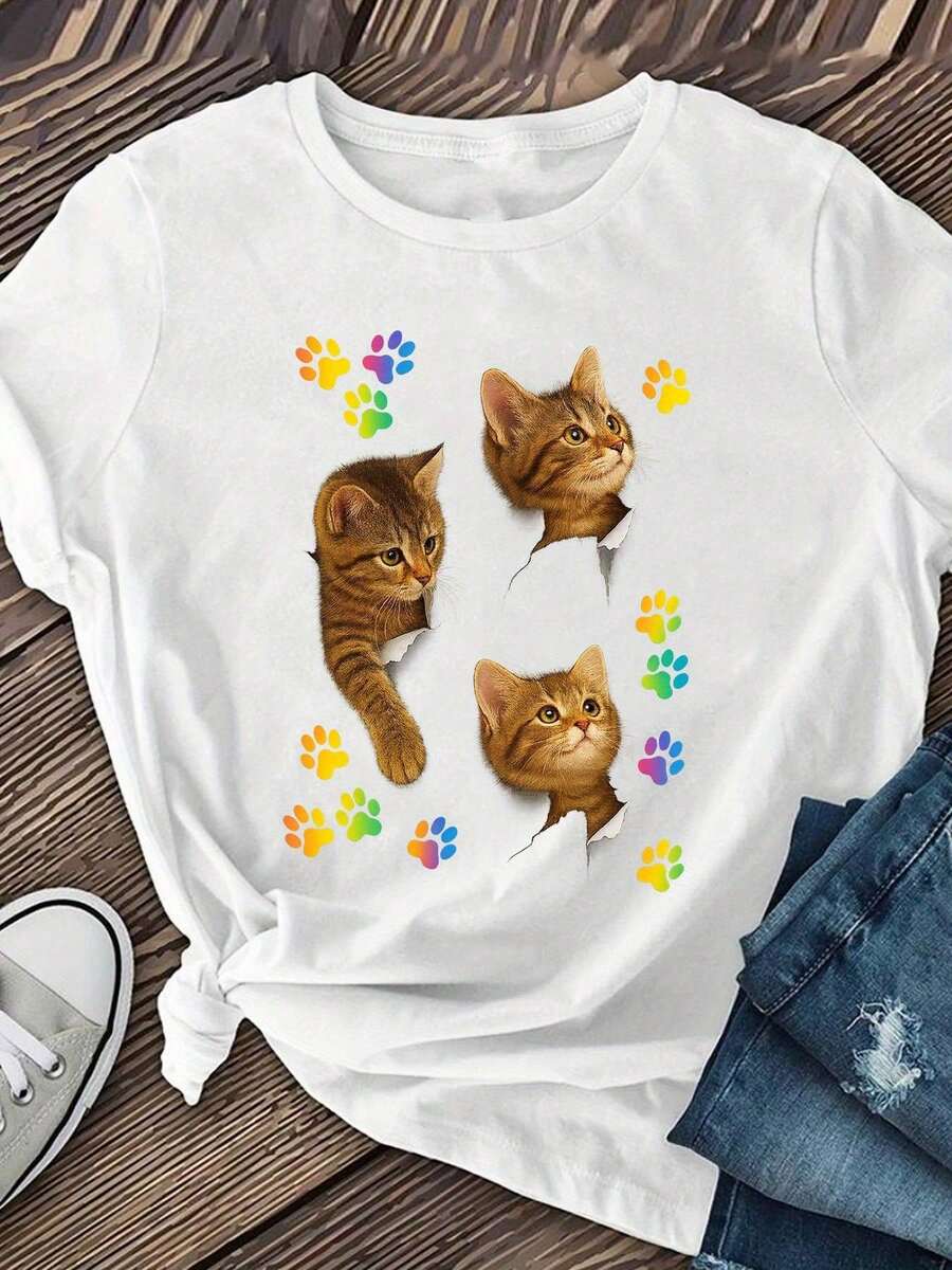 Camiseta Casual de Manga Corta para Mujer con Diseño Divertido de Gatito y Huella de Pata - Tela Suave y Elástica, Corte Regular, Cuello Redondo, Lavable a Máquina para Primavera - Blanco - Ver 1