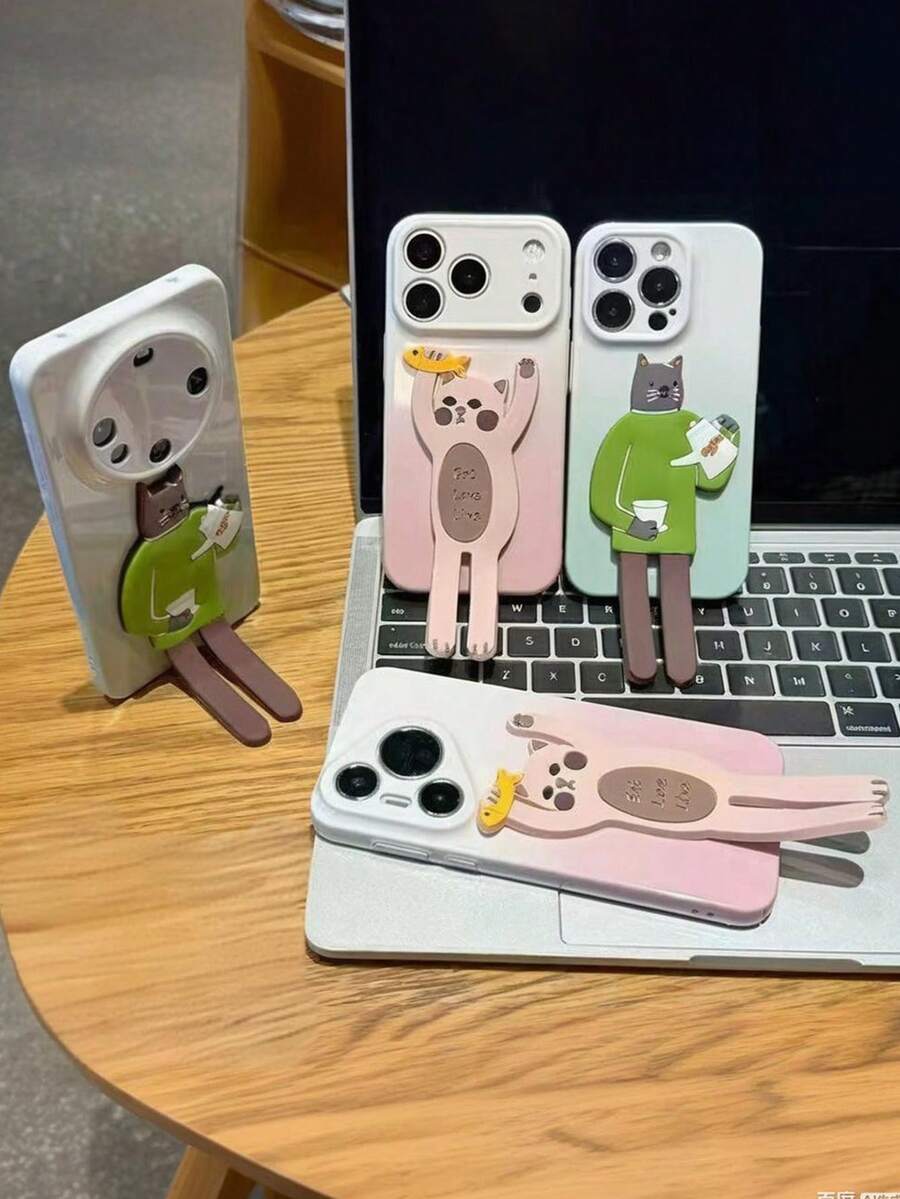 1個 3D可愛情侶長腿貓卡通動物矽膠手機背貼支架 - 彩色 - 查看 1