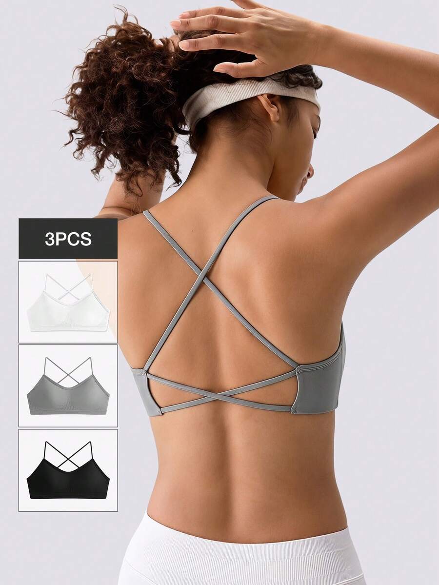 Loungeista 3pcs/Pack Cross Design Breathable Bra With Removable Pads For Women, Lingeriefor Summerfor Summer - Multicolor - View 1