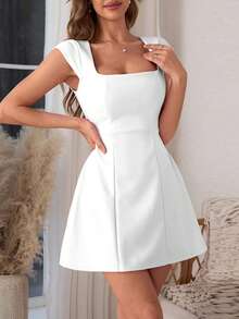 夏季女款優雅白色方領背心 A 字短版派對洋裝，適合情人節、約會、畢業季、派對 - 白色 - 查看 7