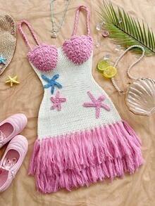 Vestido mini ajustado con tirantes de espagueti, dobladillo con borlas y diseño de conchas, estilo bohemio, apropiado para una cita en el Día de San Valentín, primavera/verano - Multicolor 4 - Ver 1