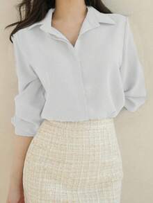 Camisa de manga larga de unicolor de uso diario y sencillo, blusas de manga larga para mujeres - Blanco - Ver 1