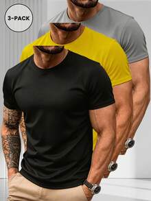 3 Packs Men's Summer Quick-Dry Sports T-Shirts - Multi-Color Crew Neck Short Sleeves, Breathable Versatile Tops For Fitness & Running - Multicolor - View 7