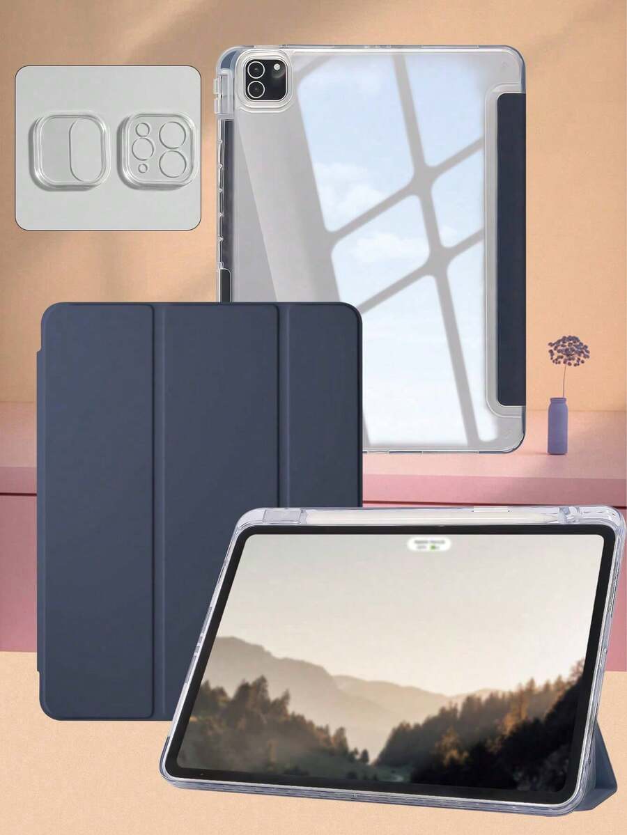 1件透明壓克力三折深藍色平板保護殼，相容 iPad Mini6/Mini7/9.7/10.2/10.5/Air4/Air5/10.9/Pro 11 吋/10代/Pro11-In.(M4)-2024/Air 7(M3)2025(11吋)/Air 8(M4)2026(11吋)/(A16) 11 吋 11 代 2025 型號，三折支架、內置筆槽、高透明壓克力背蓋、防摔、休眠/喚醒，簡約/經典/休閒，不含筆，部分型號配有相機框