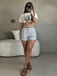Women's High-Waisted Pleated Suit Shorts, Plain, Soft Fabric, Black, Slim Fit, Wide Straight Leg, Casual Style For Summer Office, Without Belt - 卡其色 - 查看 1