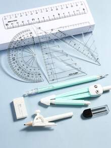 Back To School Essential Student Compass And Ruler Set, Learning Supplies For Exams And Drawing, Multi-Functional Pen Clip Design Triangle Ruler, Straight Ruler And Protractor - Sets - View 8