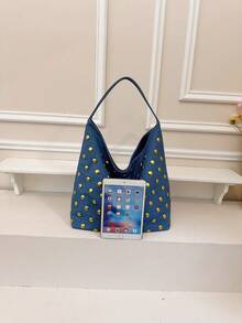 1pc Vintage Suede Large Capacity Shoulder Tote Bag, New Style, Suitable For Work, Shopping, School - Baby Blue - View 6