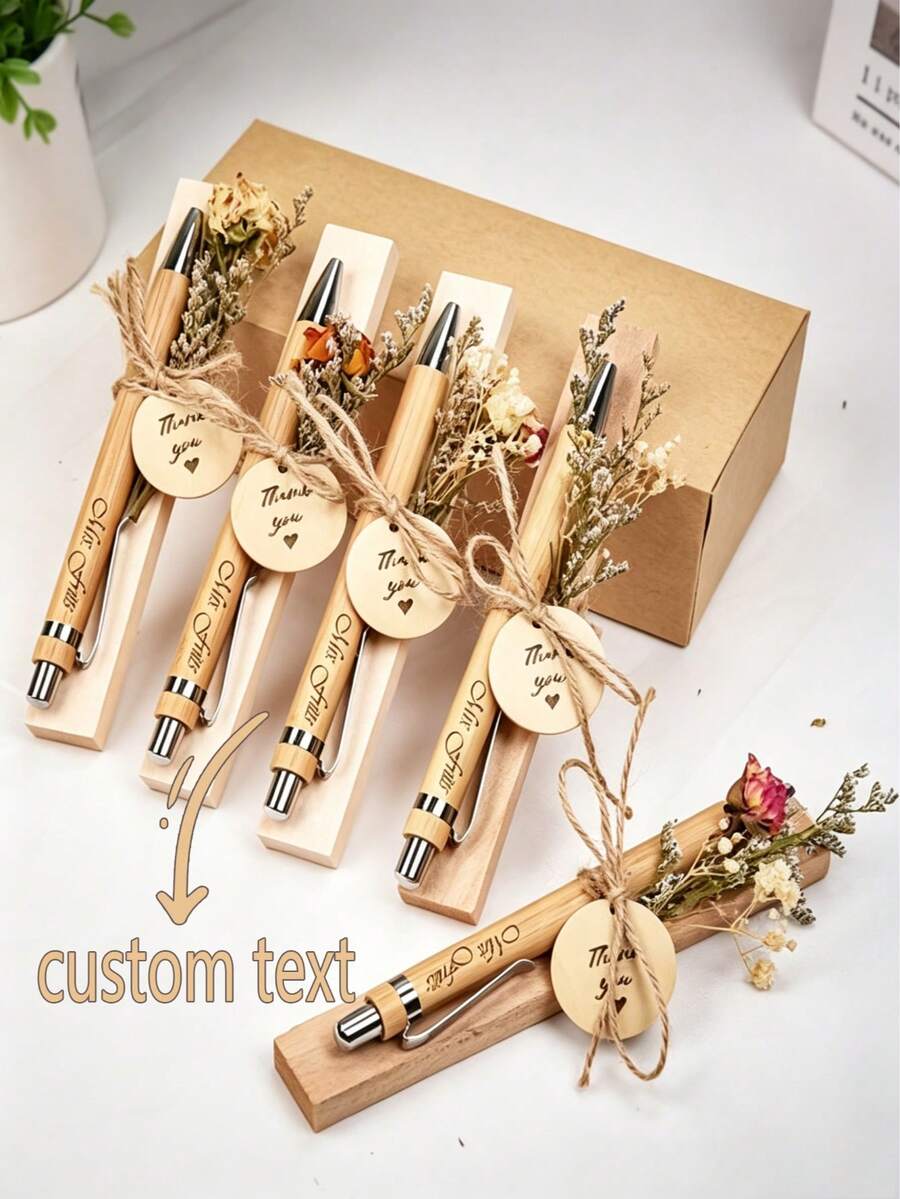 [Customized]2pcs Customized Bamboo Ballpoint Pen Set With Eternal Flowers, Engravable Name, Perfect Gift For Graduation, Christmas And Teacher's Day, Suitable For All Four Seasons - Sets - View 1