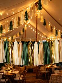 1pc Sage Green & Gold Tassel Garland Tulle Tassel Banner Set, Teal Tassel Garland, Teal & Gold Birthday Party Decor, Suitable For Wedding And Party Birthday Supplies - K - View 6